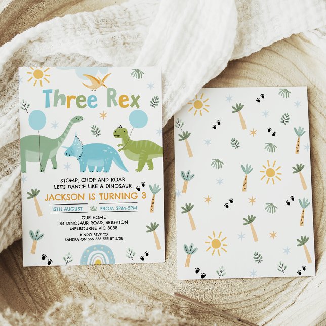 Grönt Blue Three Rex Dinosaur 3:e födelsedagen Inbjudningar (Three Rex Dinosaur 3rd Birthday Invitation, Boys Dinosaur 3rd Birthday Invitation, Dino Themed Party)