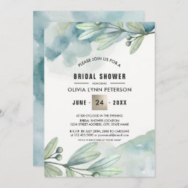 Grönt Blue Watercolor Berry Gren Möhippa Inbjudningar