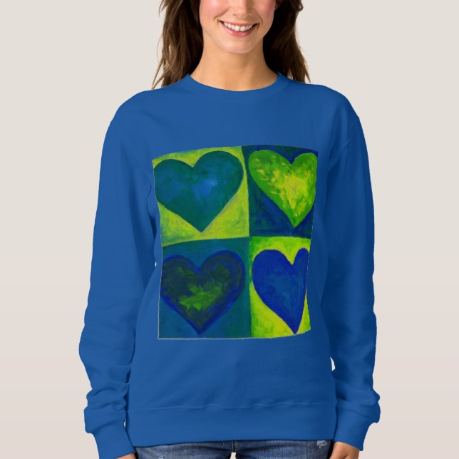 Grönt Blue Watercolor Hearts Art Sweatshirt Tee (Framsida)
