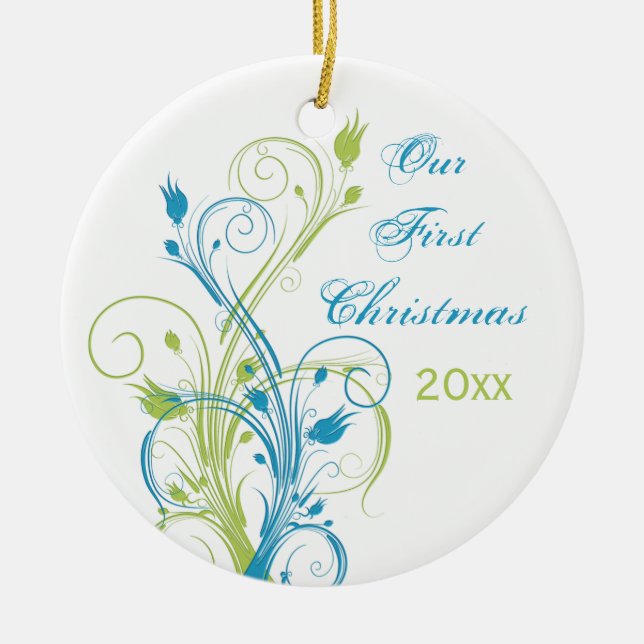 Grönt Blue White "Vår första jul" Ornament (Framsidan)