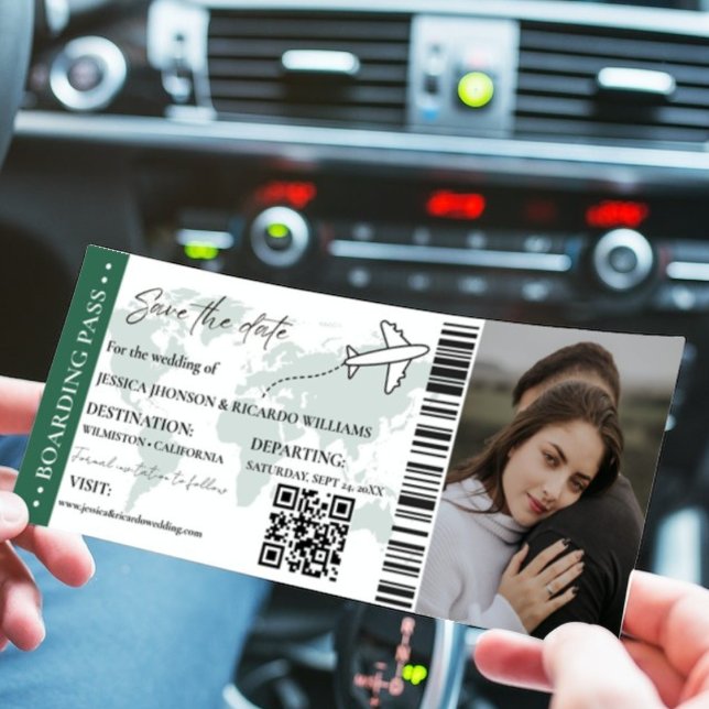 Grönt Boarding pass bröllop spara datum biljett Inbjudningar (Skapare uppladdad)