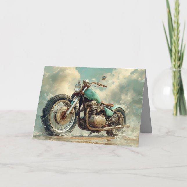 Grönt Bobber Motorcycle Card - Beach-bakgrund Kort (Framsida)