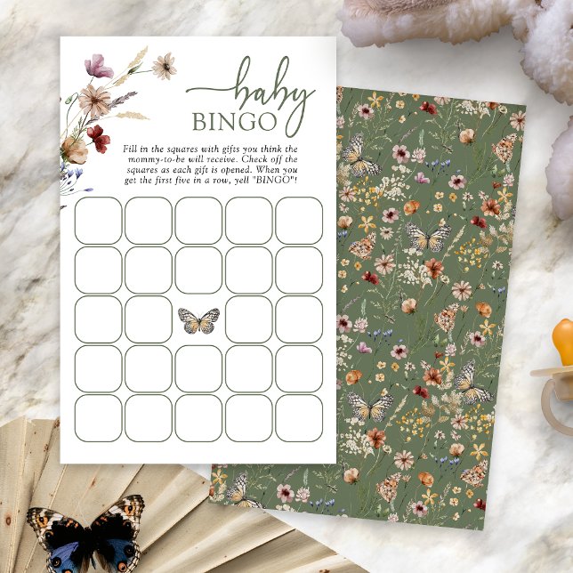 Grönt Boho Baby Bingo-spel (Sage Green Boho Floral Baby Bingo Game Card with Butterfly by Painted Paperie
)