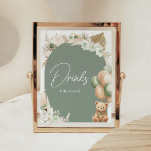 Grönt Boho Bear Balloon Baby Shower Driners Poster