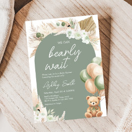 Grönt Boho Bear Balloon Baby Shower Inbjudningar