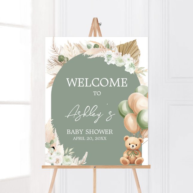 Grönt Boho Bear Balloon Baby Shower Välkommen Poster (Sage Green Balloons Baby Shower Welcome Sign)