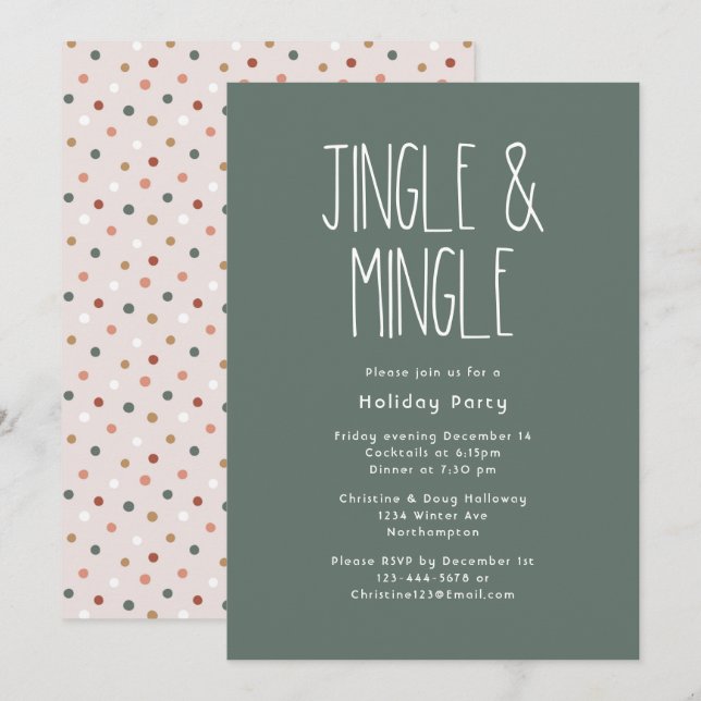 Grönt Boho Polka Dot jul Jingle och Mingle Inbjudningar (Fram/baksida)