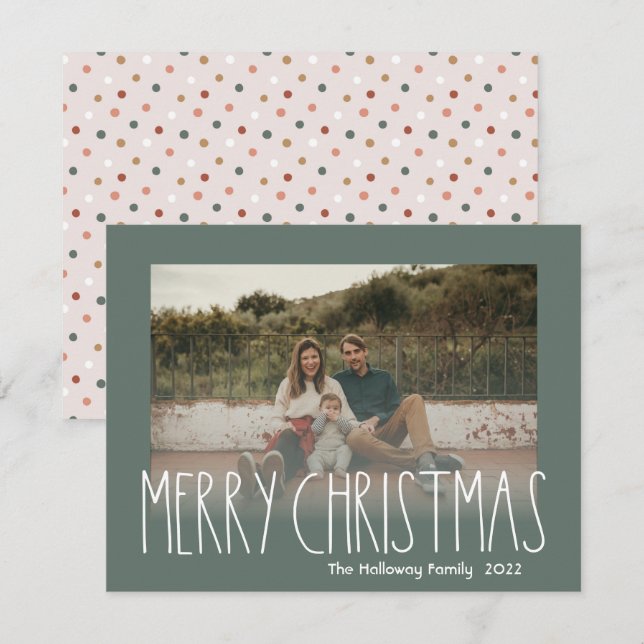 Grönt Boho Polka-prickade fotfoto till julklapp Julkort (Fram/baksida)