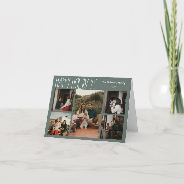 Grönt Boho Polka-punkt med femfoto Helgkort (Framsida)