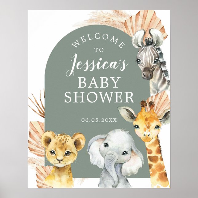 Grönt Boho Safari Oh Boy Baby Shower Välkomstskylt Poster (Framsidan)