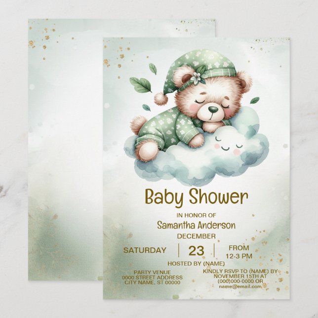 Grönt Boho Sleeping Nalle Cute Baby Shower Inbjudningar (Fram/baksida)