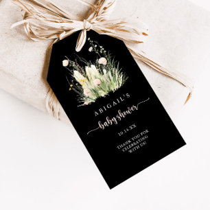 Grönt Boho Vildblomma Svart Bebisbad Presentetikett