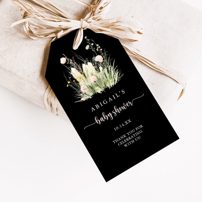 Grönt Boho Vildblomma Svart Bebisbad Presentetikett (Skapare uppladdad)