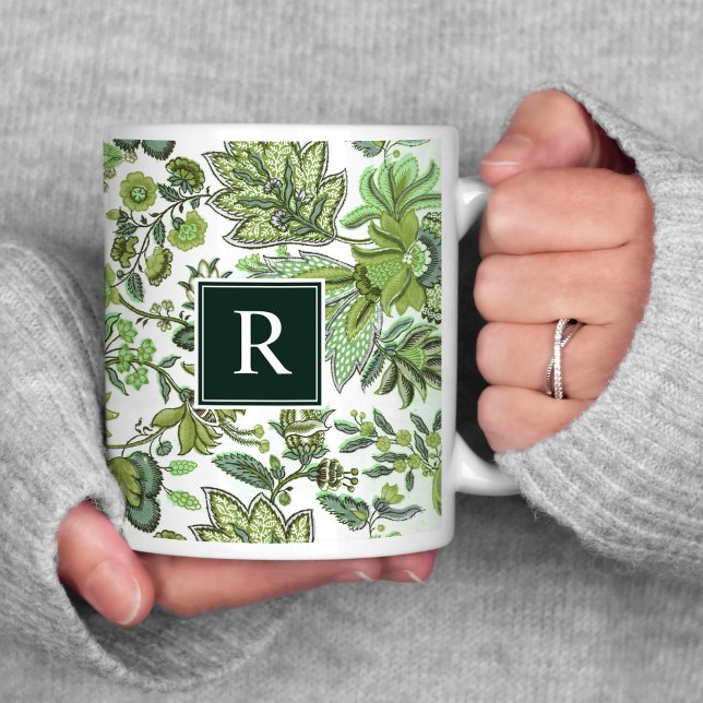 Grönt Boho Vintage Blommigt Monogram Kaffemugg (Skapare uppladdad)