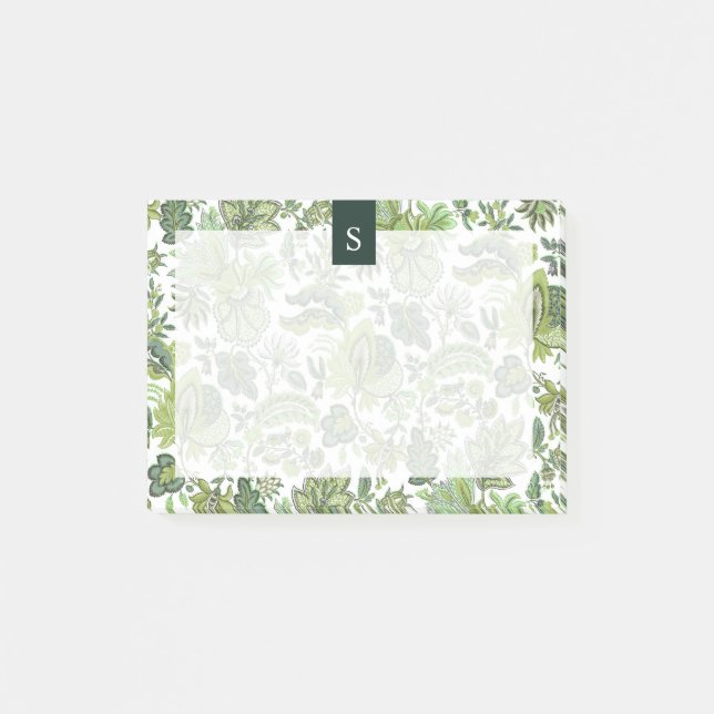 Grönt Boho Vintage Blommigt Monogram Post-it Block (Framsida)