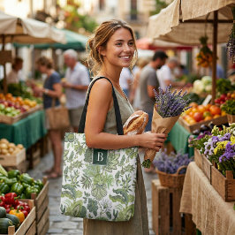 Grönt Boho Vintage Blommigt Monogram Tygkasse