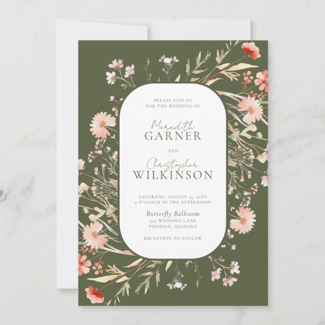 Grönt Boho Wildblommors inbjudan till fotobröllop (Framsida)