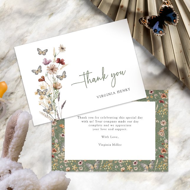Grönt Boho Wildbloms tackkort Tack Kort (Sage Green Boho Wildflower Thank You Cards with Butterflies by Painted Paperie
)