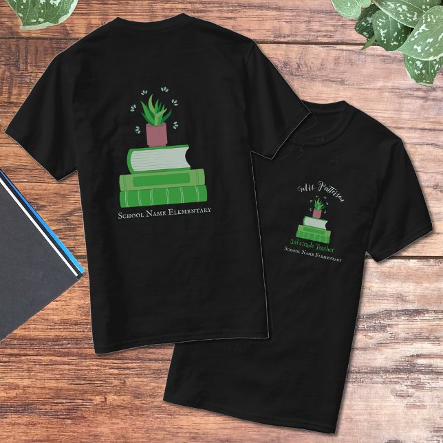 Grönt Bokar och Plant Teacher T-shirt med Namn (Green Book and Houseplant School Staff T-shirt)