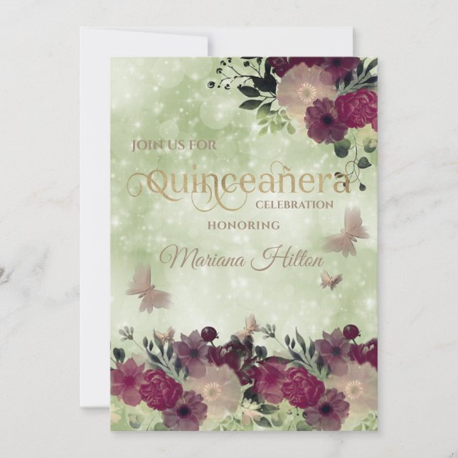 Grönt bokeh butterfly blommigt  Quinceañera Inbjudningar (Framsida)