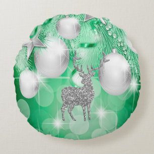 Grönt Bokeh Ornament Bollar Silver Reindeer Rund Kudde