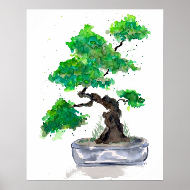 Grönt Bonsai Watercolor Poster Skriv ut (Framsidan)