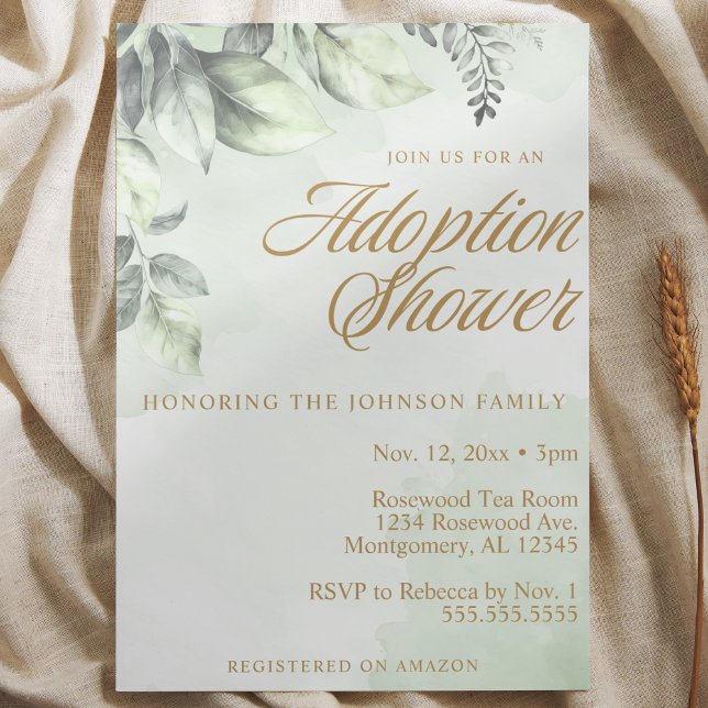 Grönt Botanicals Adoption Child/Baby Shower Inbjudningar (elegant green watercolor botanical adoption baby shower invitation foster care child adoption invite)