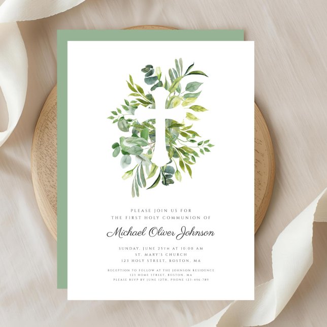 Grönt Botanicals Kor Religiösa First Communion Inbjudningar (Green Botanicals Cross Religious First Communion Invitation)
