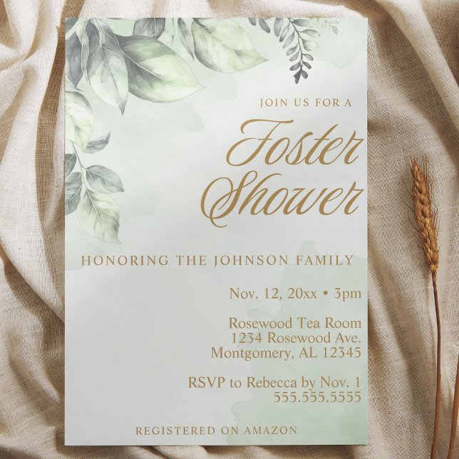Grönt Botanikals Foster Child/Baby Shower Inbjudningar (green botanical baby shower watercolor elegant script gold and sage green eucalyptus invitation)