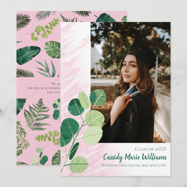 Grönt Botanisk Elegant Rosa Studenten Inbjudningar (Fram/baksida)