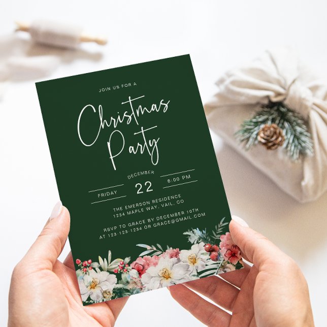 Grönt Botaniska jul Party Inbjudningar (Elegant Green Christmas Party Holiday Invitation Watercolor Berries Botanical Florals)