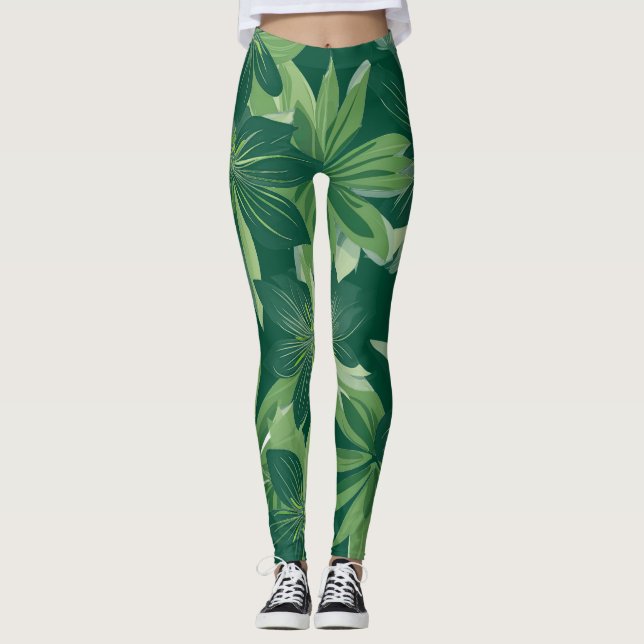Grönt Botaniska Löv-allt-over-print-strängar Leggings (Framsida)
