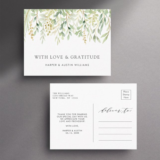 Grönt Botaniskt Bröllop Tackkort Vykort (Front & Back)