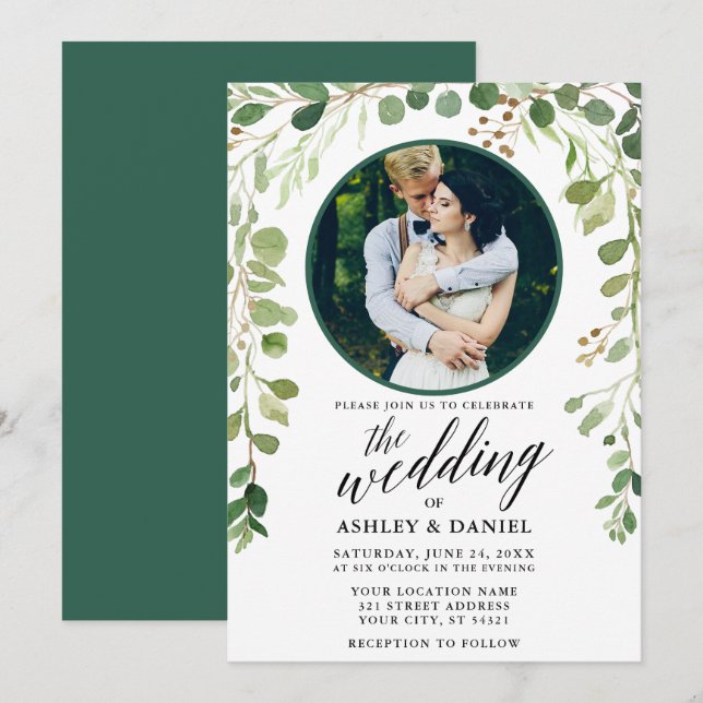 Grönt Botaniskt kalligrafi Foto Bröllop Inbjudningar (Fram/baksida)