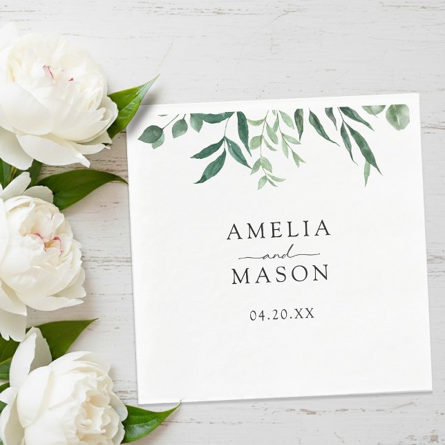 Grönt Botaniskt Lövverk Vattenfärg Bröllop Pappersservett (Greenery Botanical Foliage Watercolor Wedding Napkins)