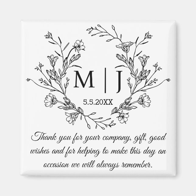 Grönt Botaniskt Monogram Bröllop Tack Magnet (Framsidan)