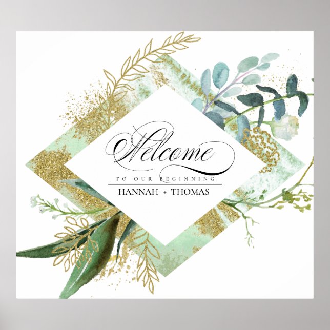 Grönt Botaniskt välkomsttecken för Bröllop Poster (Framsidan)