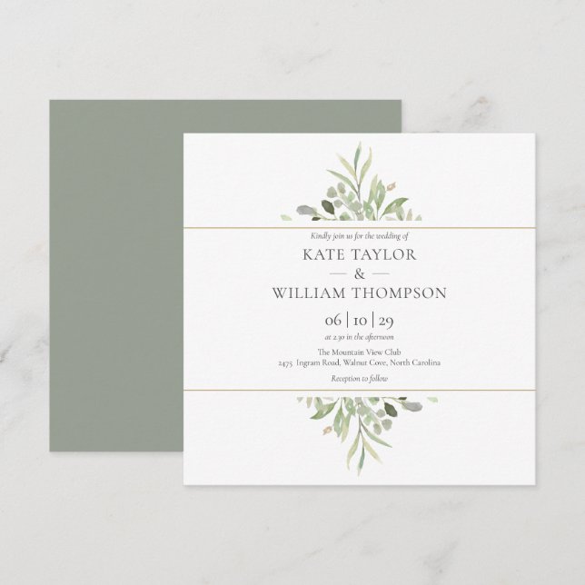 Grönt Botaniskt Vattenfärg Bröllop  Inbjudningar (Fram/baksida)