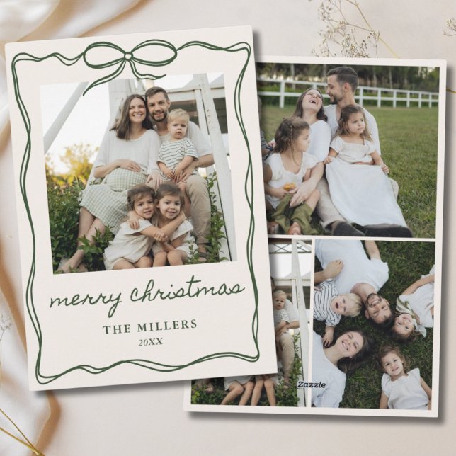 Grönt Bow God jul 4 Photo Family Julkort (Green Bow Merry Christmas 4 Photo Family Holiday Card)
