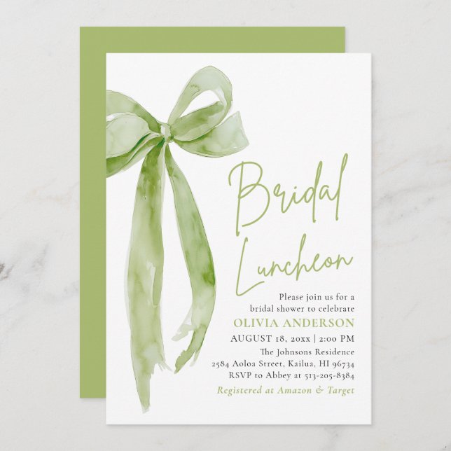 Grönt Bow Hon är Gifter sig Möhippa Luncheon Inbjudningar (Fram/baksida)