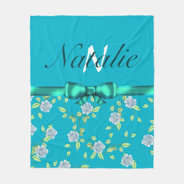 Grönt Bow Ribbon och Blue Ro Monogram Fleecefilt (Framsidan)