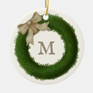 Grönt boxbom krans anpassningsbar monogramm julgransprydnad keramik