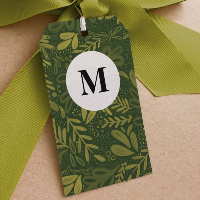 Grönt Bramble | Festivt botaniskt monogram Presentetikett (Watercolor botanical green bramble holiday gift tag.)