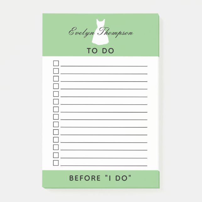 Grönt Bride Bröllop to Do Checklist Post-it Block (Framsida)
