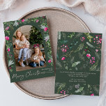 Grönt & Bright Rosa Botanical Arch-julfoto Julkort<br><div class="desc">Den här samlingen har vattenfärgsskarpa blommigtar för rosa,  bär och vintergröna med modern och elegant typografi,  med ett botaniskt mönster baksida på vintern.</div>