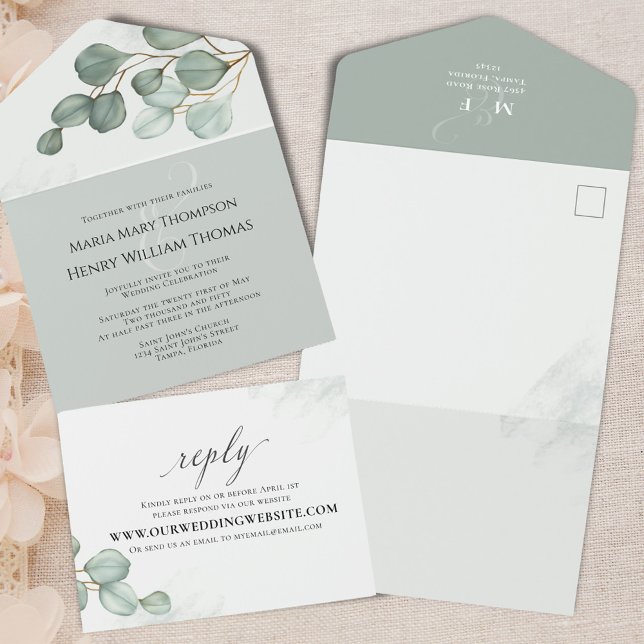 Grönt Bröllop Eucalyptus Greenery Elegant (Wedding invitation all in one style.)
