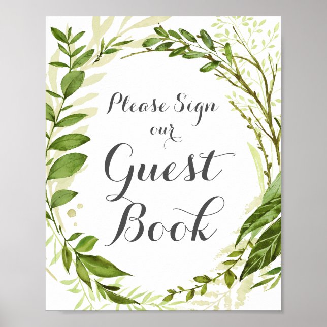 Grönt Bröllop Guest Bok Sign, Rustic Greenery Poster (Framsidan)