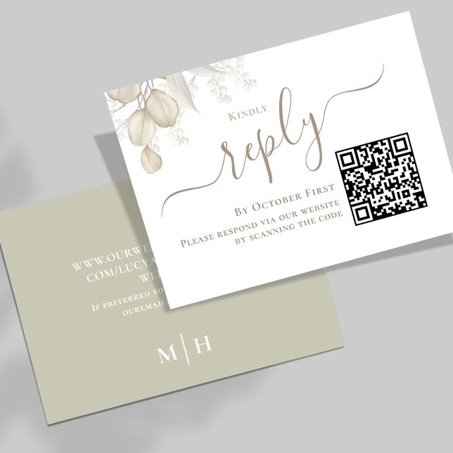 Grönt Bröllop OSA Anpassningsbar Svara Kort (Simple Wedding reply card with a sage green background and QR code template.)