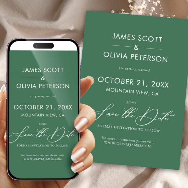 Grönt Bröllop spara datum minimalistisk kalligrafi Inbjudningar (Wedding Save The Date Green Minimalist Modern Invitation)