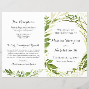 Grönt Bröllopsprogram Booklets, Rustic Greenery